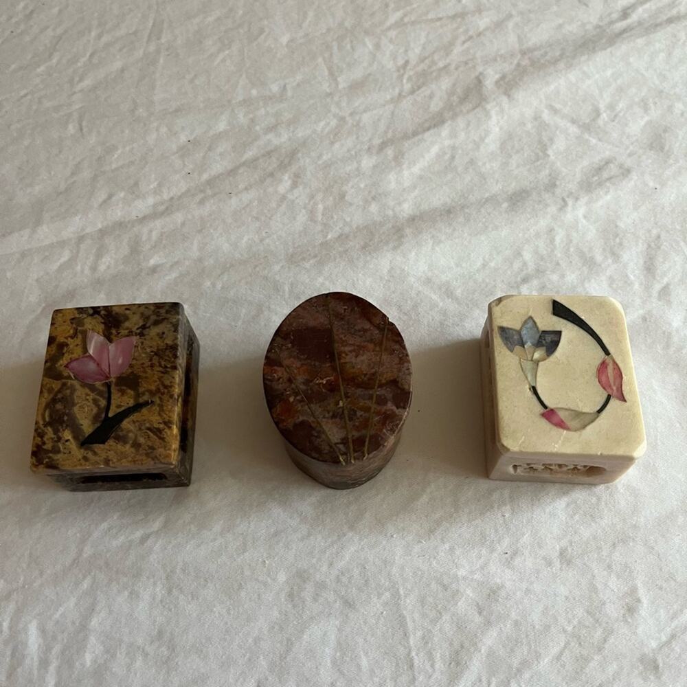 Vintage 3 pc Set Mini Soapstone Two Tulip Boxes One Oval Stripes Box